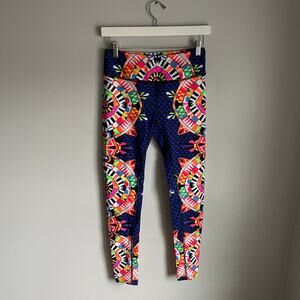 Mara Hoffman Navy Blue Boho Neon Printed Yoga Pilates Eye Workout Leggings Sz S